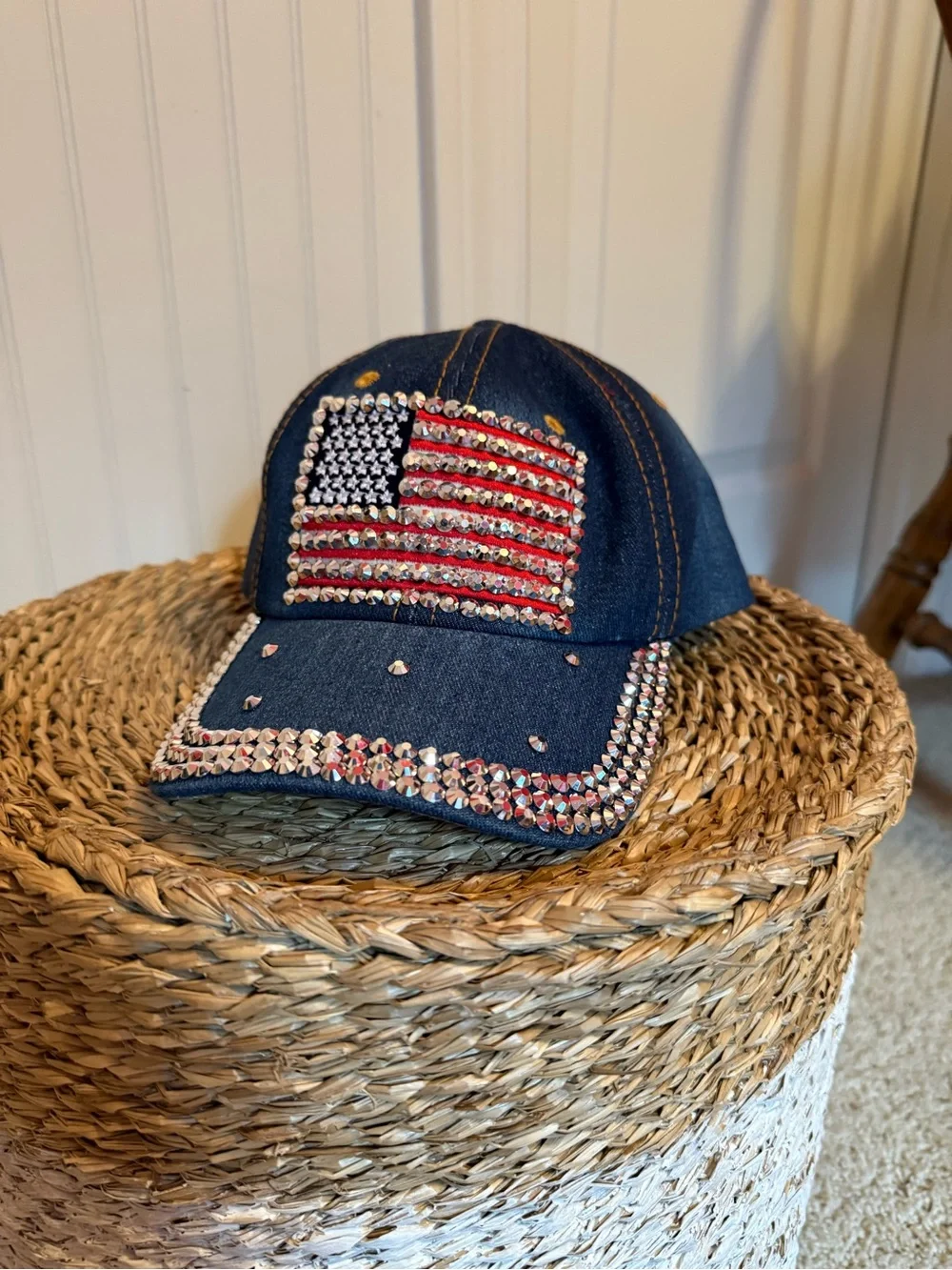 Denim Baseball Cap with Rhinestone American Flag - NWOT